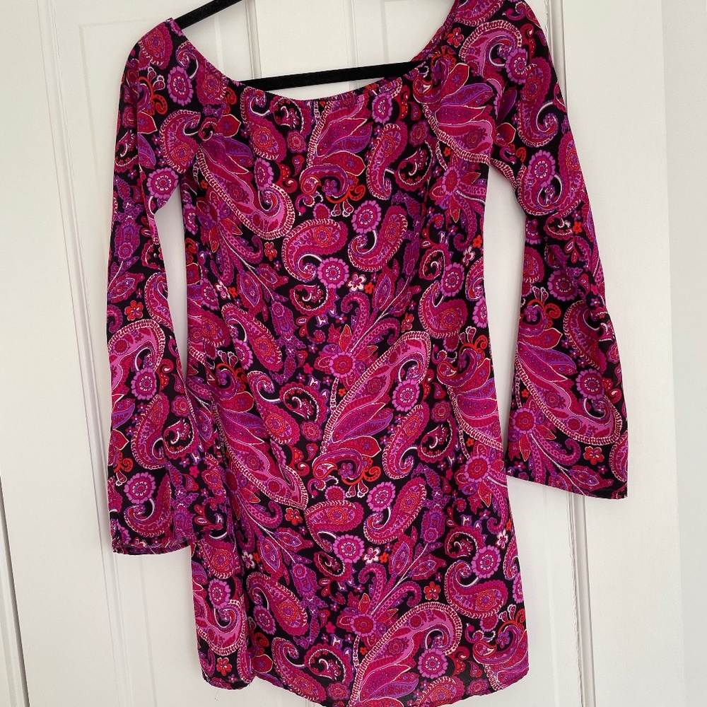 Aqua Mini Dress,  Off the Shoulder, Paisley